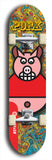 Limited edition, North American maple skateboard deck designed by underground artist BellyRash -- available in widths 7.5 to 8.5 inches in both mellow concave and steep concave shapes. Artwork: PORK BELLY BOB brand popsicle-shaped skateboard deck with a varied, multi-colored background