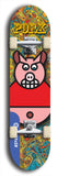 Limited edition, North American maple skateboard deck designed by underground artist BellyRash -- available in widths 7.5 to 8.5 inches in both mellow concave and steep concave shapes. Artwork: PORK BELLY BOB brand popsicle-shaped skateboard deck with a varied, multi-colored background