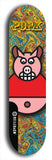 Limited edition, North American maple skateboard deck designed by underground artist BellyRash -- available in widths 7.5 to 8.5 inches in both mellow concave and steep concave shapes. Artwork: PORK BELLY BOB brand popsicle-shaped skateboard deck with a varied, multi-colored background