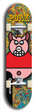 Limited edition, North American maple skateboard deck designed by underground artist BellyRash -- available in widths 7.5 to 8.5 inches in both mellow concave and steep concave shapes. Artwork: PORK BELLY BOB brand popsicle-shaped skateboard deck with a varied, multi-colored background