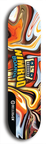 Skateboard deck: Limited edition, North American maple skateboard deck designed by underground artist BellyRash -- available in widths 7.5 to 8.5 inches in both mellow concave and steep concave shapes. Artwork: NIMROD brand popsicle-shaped skateboard deck with NIMROD logo on dark background. 