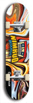 Skateboard deck: Limited edition, North American maple skateboard deck designed by underground artist BellyRash -- available in widths 7.5 to 8.5 inches in both mellow concave and steep concave shapes. Artwork: NIMROD brand popsicle-shaped skateboard deck with NIMROD logo on dark background. 