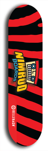 Skateboard deck: Limited edition, North American maple skateboard deck designed by underground artist BellyRash -- available in widths 7.5 to 8.5 inches in both mellow concave and steep concave shapes. Artwork: NIMROD brand popsicle-shaped skateboard deck with NIMROD logo on dark background. 