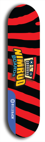 Skateboard deck: Limited edition, North American maple skateboard deck designed by underground artist BellyRash -- available in widths 7.5 to 8.5 inches in both mellow concave and steep concave shapes. Artwork: NIMROD brand popsicle-shaped skateboard deck with NIMROD logo on dark background. 