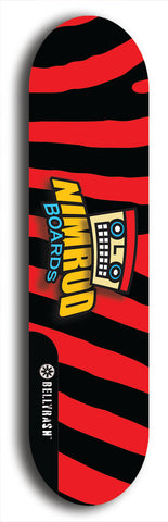 Skateboard deck: Limited edition, North American maple skateboard deck designed by underground artist BellyRash -- available in widths 7.5 to 8.5 inches in both mellow concave and steep concave shapes. Artwork: NIMROD brand popsicle-shaped skateboard deck with NIMROD logo on dark background. 