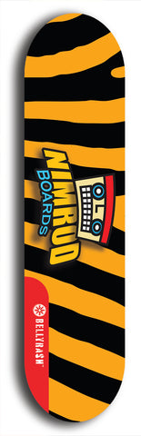 Skateboard deck: Limited edition, North American maple skateboard deck designed by underground artist BellyRash -- available in widths 7.5 to 8.5 inches in both mellow concave and steep concave shapes. Artwork: NIMROD brand popsicle-shaped skateboard deck with NIMROD logo on dark background. 