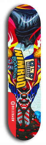 Skateboard deck: Limited edition, North American maple skateboard deck designed by underground artist BellyRash -- available in widths 7.5 to 8.5 inches in both mellow concave and steep concave shapes. Artwork: NIMROD brand popsicle-shaped skateboard deck with NIMROD logo on dark background. 