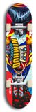 Skateboard deck: Limited edition, North American maple skateboard deck designed by underground artist BellyRash -- available in widths 7.5 to 8.5 inches in both mellow concave and steep concave shapes. Artwork: NIMROD brand popsicle-shaped skateboard deck with NIMROD logo on dark background. 