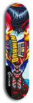 Skateboard deck: Limited edition, North American maple skateboard deck designed by underground artist BellyRash -- available in widths 7.5 to 8.5 inches in both mellow concave and steep concave shapes. Artwork: NIMROD brand popsicle-shaped skateboard deck with NIMROD logo on dark background. 