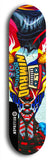 Skateboard deck: Limited edition, North American maple skateboard deck designed by underground artist BellyRash -- available in widths 7.5 to 8.5 inches in both mellow concave and steep concave shapes. Artwork: NIMROD brand popsicle-shaped skateboard deck with NIMROD logo on dark background. 