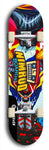 Skateboard deck: Limited edition, North American maple skateboard deck designed by underground artist BellyRash -- available in widths 7.5 to 8.5 inches in both mellow concave and steep concave shapes. Artwork: NIMROD brand popsicle-shaped skateboard deck with NIMROD logo on dark background. 