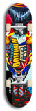 Skateboard deck: Limited edition, North American maple skateboard deck designed by underground artist BellyRash -- available in widths 7.5 to 8.5 inches in both mellow concave and steep concave shapes. Artwork: NIMROD brand popsicle-shaped skateboard deck with NIMROD logo on dark background. 