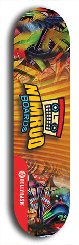 Skateboard deck: Limited edition, North American maple skateboard deck designed by underground artist BellyRash -- available in widths 7.5 to 8.5 inches in both mellow concave and steep concave shapes. Artwork: NIMROD brand popsicle-shaped skateboard deck with NIMROD logo on dark background. 