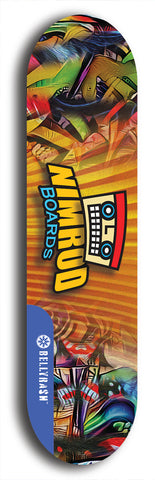 Skateboard deck: Limited edition, North American maple skateboard deck designed by underground artist BellyRash -- available in widths 7.5 to 8.5 inches in both mellow concave and steep concave shapes. Artwork: NIMROD brand popsicle-shaped skateboard deck with NIMROD logo on dark background. 