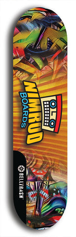 Skateboard deck: Limited edition, North American maple skateboard deck designed by underground artist BellyRash -- available in widths 7.5 to 8.5 inches in both mellow concave and steep concave shapes. Artwork: NIMROD brand popsicle-shaped skateboard deck with NIMROD logo on dark background. 