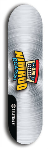 Skateboard deck: Limited edition, North American maple skateboard deck designed by underground artist BellyRash -- available in widths 7.5 to 8.5 inches in both mellow concave and steep concave shapes. Artwork: NIMROD brand popsicle-shaped skateboard deck with NIMROD logo on dark background. 