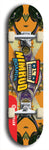 Skateboard deck: Limited edition, North American maple skateboard deck designed by underground artist BellyRash -- available in widths 7.5 to 8.5 inches in both mellow concave and steep concave shapes. Artwork: NIMROD brand popsicle-shaped skateboard deck with NIMROD logo on dark background. 