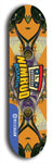 Skateboard deck: Limited edition, North American maple skateboard deck designed by underground artist BellyRash -- available in widths 7.5 to 8.5 inches in both mellow concave and steep concave shapes. Artwork: NIMROD brand popsicle-shaped skateboard deck with NIMROD logo on dark background. 