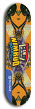 Skateboard deck: Limited edition, North American maple skateboard deck designed by underground artist BellyRash -- available in widths 7.5 to 8.5 inches in both mellow concave and steep concave shapes. Artwork: NIMROD brand popsicle-shaped skateboard deck with NIMROD logo on dark background. 