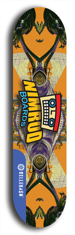 Skateboard deck: Limited edition, North American maple skateboard deck designed by underground artist BellyRash -- available in widths 7.5 to 8.5 inches in both mellow concave and steep concave shapes. Artwork: NIMROD brand popsicle-shaped skateboard deck with NIMROD logo on dark background. 