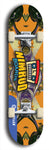 Skateboard deck: Limited edition, North American maple skateboard deck designed by underground artist BellyRash -- available in widths 7.5 to 8.5 inches in both mellow concave and steep concave shapes. Artwork: NIMROD brand popsicle-shaped skateboard deck with NIMROD logo on dark background. 