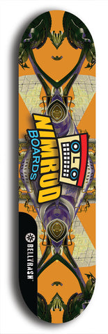 Skateboard deck: Limited edition, North American maple skateboard deck designed by underground artist BellyRash -- available in widths 7.5 to 8.5 inches in both mellow concave and steep concave shapes. Artwork: NIMROD brand popsicle-shaped skateboard deck with NIMROD logo on dark background. 