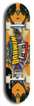 Skateboard deck: Limited edition, North American maple skateboard deck designed by underground artist BellyRash -- available in widths 7.5 to 8.5 inches in both mellow concave and steep concave shapes. Artwork: NIMROD brand popsicle-shaped skateboard deck with NIMROD logo on dark background. 