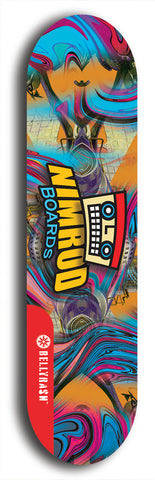 Skateboard deck: Limited edition, North American maple skateboard deck designed by underground artist BellyRash -- available in widths 7.5 to 8.5 inches in both mellow concave and steep concave shapes. Artwork: NIMROD brand popsicle-shaped skateboard deck with NIMROD logo on dark background. 