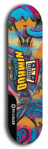 Skateboard deck: Limited edition, North American maple skateboard deck designed by underground artist BellyRash -- available in widths 7.5 to 8.5 inches in both mellow concave and steep concave shapes. Artwork: NIMROD brand popsicle-shaped skateboard deck with NIMROD logo on dark background. 