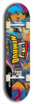 Skateboard deck: Limited edition, North American maple skateboard deck designed by underground artist BellyRash -- available in widths 7.5 to 8.5 inches in both mellow concave and steep concave shapes. Artwork: NIMROD brand popsicle-shaped skateboard deck with NIMROD logo on dark background. 