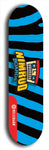 Skateboard deck: Limited edition, North American maple skateboard deck designed by underground artist BellyRash -- available in widths 7.5 to 8.5 inches in both mellow concave and steep concave shapes. Artwork: NIMROD brand popsicle-shaped skateboard deck with NIMROD logo on dark background. 