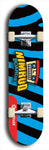 Skateboard deck: Limited edition, North American maple skateboard deck designed by underground artist BellyRash -- available in widths 7.5 to 8.5 inches in both mellow concave and steep concave shapes. Artwork: NIMROD brand popsicle-shaped skateboard deck with NIMROD logo on dark background. 