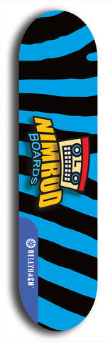 Skateboard deck: Limited edition, North American maple skateboard deck designed by underground artist BellyRash -- available in widths 7.5 to 8.5 inches in both mellow concave and steep concave shapes. Artwork: NIMROD brand popsicle-shaped skateboard deck with NIMROD logo on dark background. 