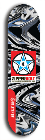 Skateboard deck: Limited edition, North American maple skateboard deck designed by underground artist BellyRash - available widths 7.5 to 8.5 inches in both mellow concave and steep concave shapes. Artwork: ZIPPERBOLT logo brand popsicle-shaped deck