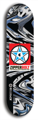 Skateboard deck: Limited edition, North American maple skateboard deck designed by underground artist BellyRash - available widths 7.5 to 8.5 inches in both mellow concave and steep concave shapes. Artwork: ZIPPERBOLT logo brand popsicle-shaped deck