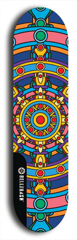 Skateboard deck: Limited edition, North American maple skateboard deck designed by underground artist BellyRash - available widths 7.5 to 8.5 inches in both mellow concave and steep concave shapes. Artwork: DHARMAMECHANIC logo brand popsicle-shaped deck 