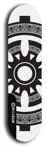 Skateboard deck: Limited edition, North American maple skateboard deck designed by underground artist BellyRash - available widths 7.5 to 8.5 inches in both mellow concave and steep concave shapes. Artwork: DHARMAMECHANIC logo brand popsicle-shaped deck 