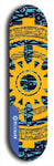 Skateboard deck: Limited edition, North American maple skateboard deck designed by underground artist BellyRash - available widths 7.5 to 8.5 inches in both mellow concave and steep concave shapes. Artwork: DHARMAMECHANIC logo brand popsicle-shaped deck 