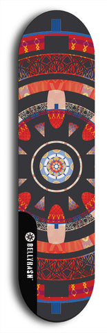 Skateboard deck: Limited edition, North American maple skateboard deck designed by underground artist BellyRash - available widths 7.5 to 8.5 inches in both mellow concave and steep concave shapes. Artwork: DHARMAMECHANIC logo brand popsicle-shaped deck 