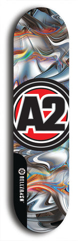 Skateboard deck: Limited edition, North American maple skateboard deck designed by underground artist BellyRash -- available in widths 7.5 to 8.5 inches in both mellow concave and steep concave shapes. Artwork: A2 GLENCRUTCHERY brand popsicle-shaped skateboard deck with  racing motorcycle from the TT race