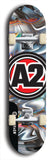 Skateboard deck: Limited edition, North American maple skateboard deck designed by underground artist BellyRash -- available in widths 7.5 to 8.5 inches in both mellow concave and steep concave shapes. Artwork: A2 GLENCRUTCHERY brand popsicle-shaped skateboard deck with  racing motorcycle from the TT race