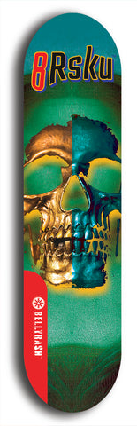 Limited edition, North American maple skateboard deck designed by underground artist BellyRash -- available in widths 7.5 to 8.5 inches in both mellow concave and steep concave shapes. Artwork: 8Rsku brand popsicle-shaped skateboard deck with glowing teal and gold skull on a green background.