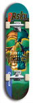 Limited edition, North American maple skateboard deck designed by underground artist BellyRash -- available in widths 7.5 to 8.5 inches in both mellow concave and steep concave shapes. Artwork: 8Rsku brand popsicle-shaped skateboard deck with glowing teal and gold skull on a green background.