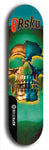 Limited edition, North American maple skateboard deck designed by underground artist BellyRash -- available in widths 7.5 to 8.5 inches in both mellow concave and steep concave shapes. Artwork: 8Rsku brand popsicle-shaped skateboard deck with glowing teal and gold skull on a green background.