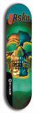 Limited edition, North American maple skateboard deck designed by underground artist BellyRash -- available in widths 7.5 to 8.5 inches in both mellow concave and steep concave shapes. Artwork: 8Rsku brand popsicle-shaped skateboard deck with glowing teal and gold skull on a green background.