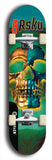 Limited edition, North American maple skateboard deck designed by underground artist BellyRash -- available in widths 7.5 to 8.5 inches in both mellow concave and steep concave shapes. Artwork: 8Rsku brand popsicle-shaped skateboard deck with glowing teal and gold skull on a green background.