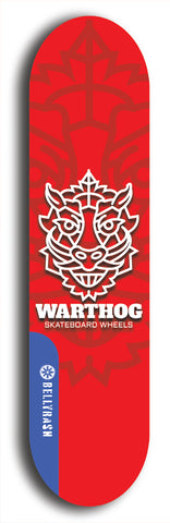 Skateboard deck: Limited edition, North American maple skateboard deck designed by underground artist BellyRash -- available in widths 7.5 to 8.5 inches in both mellow concave and steep concave shapes. Artwork: WARTHOG brand popsicle-shaped skateboard deck with WARTHOG logo broken into multiple colors and shades