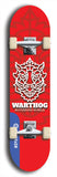 Skateboard deck: Limited edition, North American maple skateboard deck designed by underground artist BellyRash -- available in widths 7.5 to 8.5 inches in both mellow concave and steep concave shapes. Artwork: WARTHOG brand popsicle-shaped skateboard deck with WARTHOG logo broken into multiple colors and shades