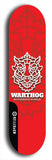 Skateboard deck: Limited edition, North American maple skateboard deck designed by underground artist BellyRash -- available in widths 7.5 to 8.5 inches in both mellow concave and steep concave shapes. Artwork: WARTHOG brand popsicle-shaped skateboard deck with WARTHOG logo broken into multiple colors and shades