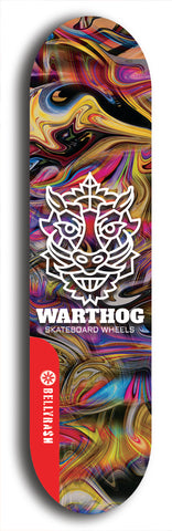 Skateboard deck: Limited edition, North American maple skateboard deck designed by underground artist BellyRash -- available in widths 7.5 to 8.5 inches in both mellow concave and steep concave shapes. Artwork: WARTHOG brand popsicle-shaped skateboard deck with WARTHOG logo broken into multiple colors and shades